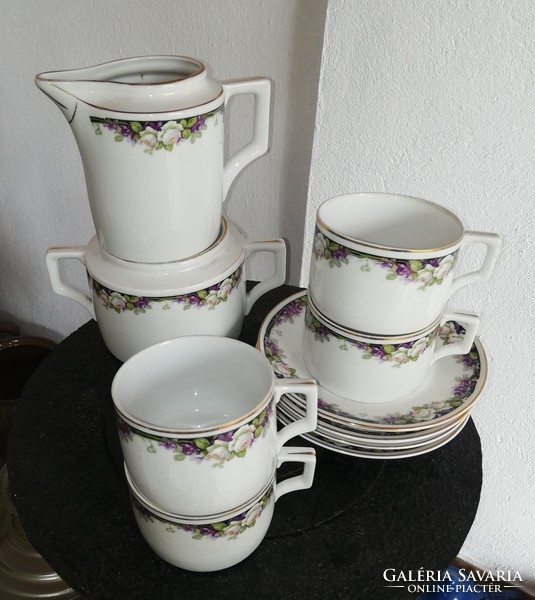 Rare zsolnay rose, violet 4 cup set, sugar bowl, cream, collectible