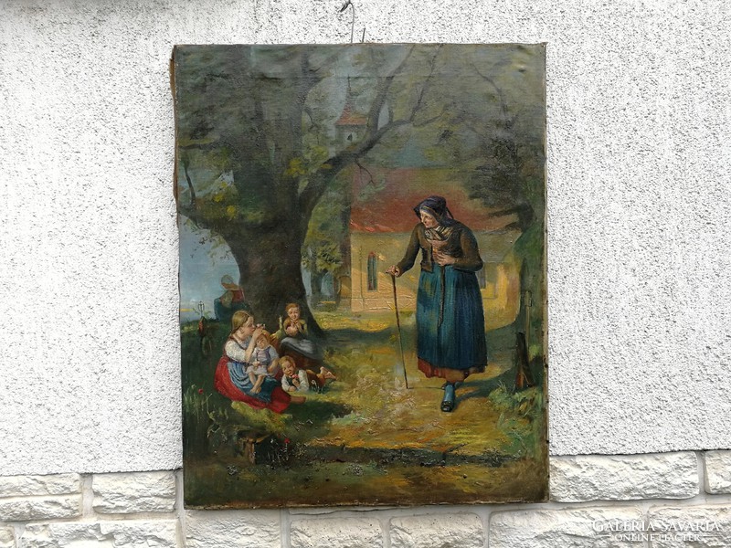 Beautiful antique life portrait Biedermeier, multi-figure figurative landscape painting church garden. Video