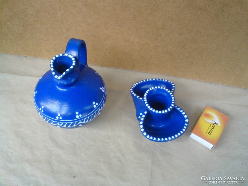 Blue small ceramic jug and salt holder (spice holder)
