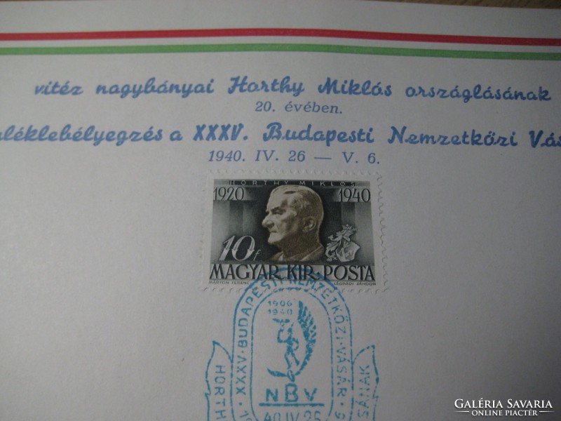 Vitéz Nagybányai Horthy  Miklós  Országolásának 20 . évfordulójára , emlék bélyegezéssel  !