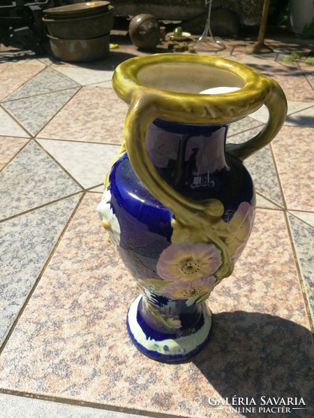 Art Nouveau majolica vase with special twisted ears cobalt blue!