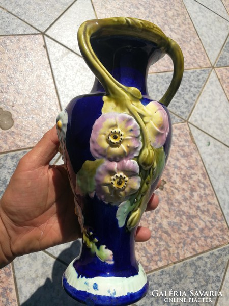 Szecessziós majolika váza különleges Csavart fülű Kobaltkék!