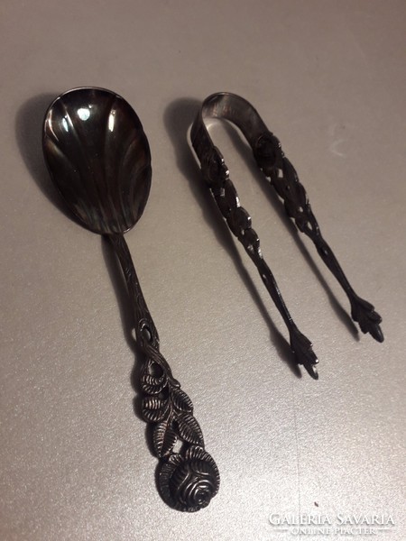 Hildesheimer - marked antiko 100 - silver-plated rose shell mussel spoon + sugar tweezers
