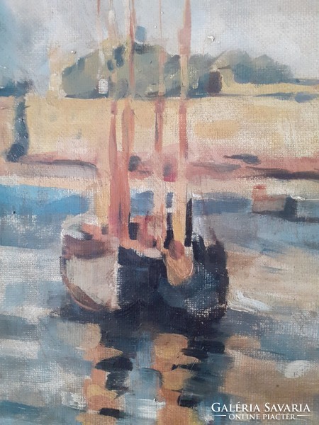 Mediterranean sea with sailing boat. 31 × 44. With frame: 39.5 × 52.5