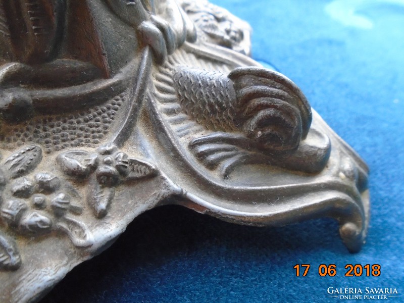 Antique rich rococo embossed base with 3 Florentine dolphins, pewter candle holder 25 cm