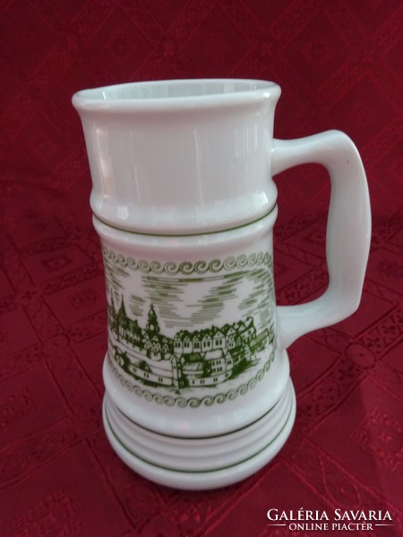 Lowland porcelain beer mug with soprano inscription and view, height 16.5 cm. He has!