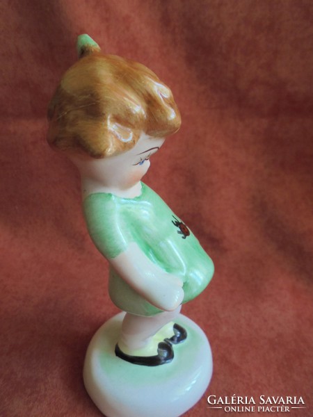 Bodrogkeresztúri porcelán zöld ruhás katicás kislány figura