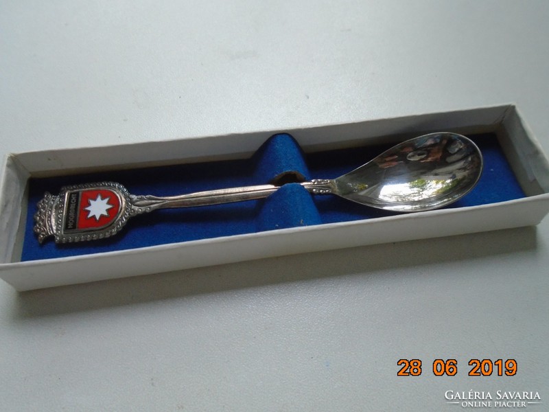 Silver-plated Dutch souvenir spoon with enamel coat of arms moordrecht, in box