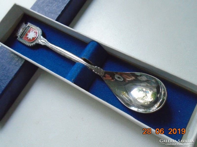 Silver-plated Dutch souvenir spoon with enamel coat of arms moordrecht, in box