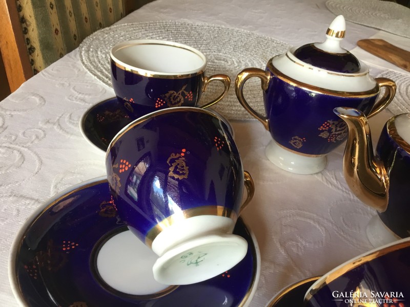 Dovbysh Orosz teás vagy hosszú kávés készlet, kobalt-arany-fehér kézi (11)