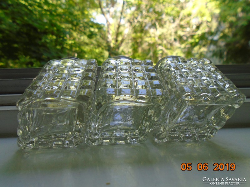 Art deco rhombus-shaped polished cast glass with plastic holder offering oil, vinegar, salt, pepper and mustard