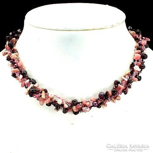 Real rhodochrosite garnet and cultured pearl 925 silver necklace