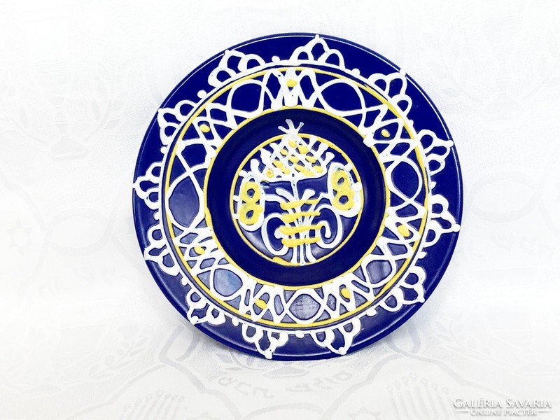 Zsűrizett iparművészeti kék kerámia tányér csipkemintás, 21 cm. kékfestés, Barth Lídia?