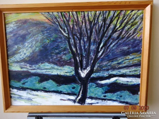 István Tóth Tóth - winter landscape. . Image painted on 70 X 50 wooden board. He has!