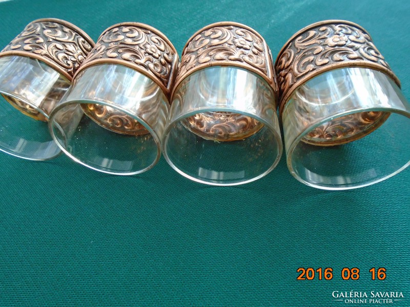 Marked reims france glass small glasses embossed metal niello holder 4 pcs