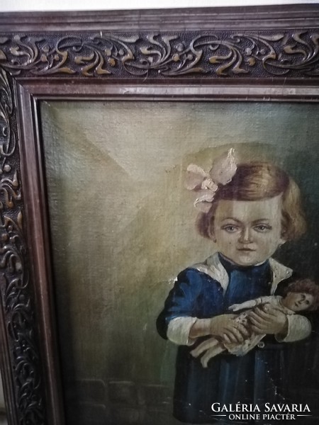 Kislány a babájával antik festmény