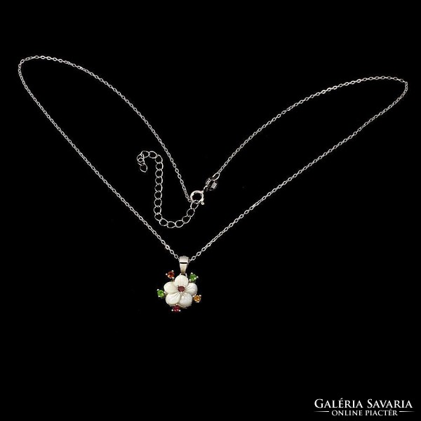 Real carved mother of pearl chrome diopside garnet 925 sterling silver necklace