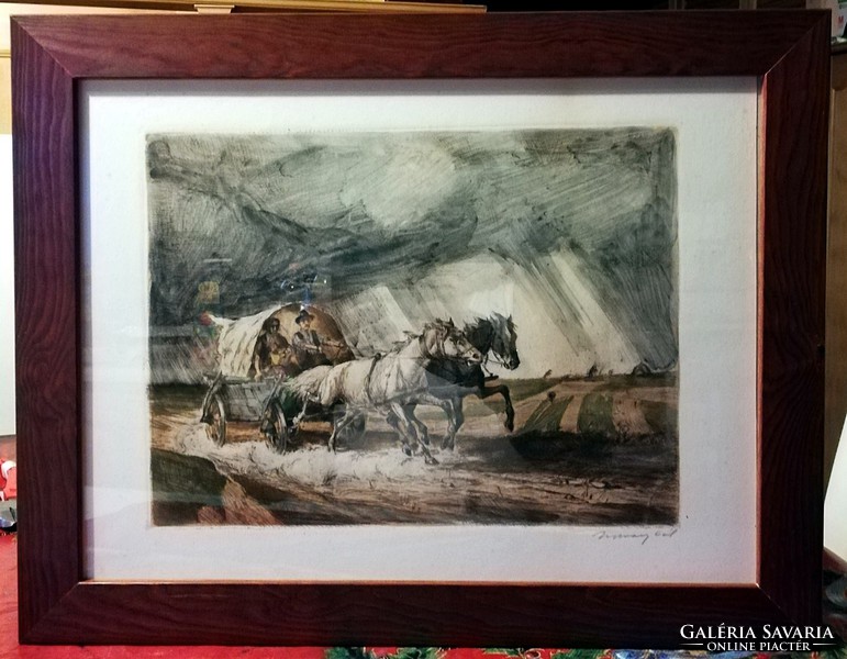 Paul Udvary rare colorful etching in beautiful frame