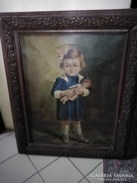Little girl with her baby, antique painting