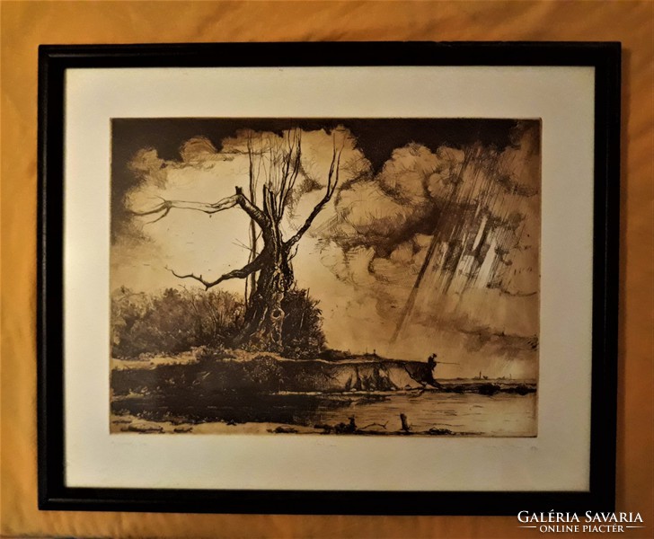 Etching, Peter Kiss"the big tree", original, signed