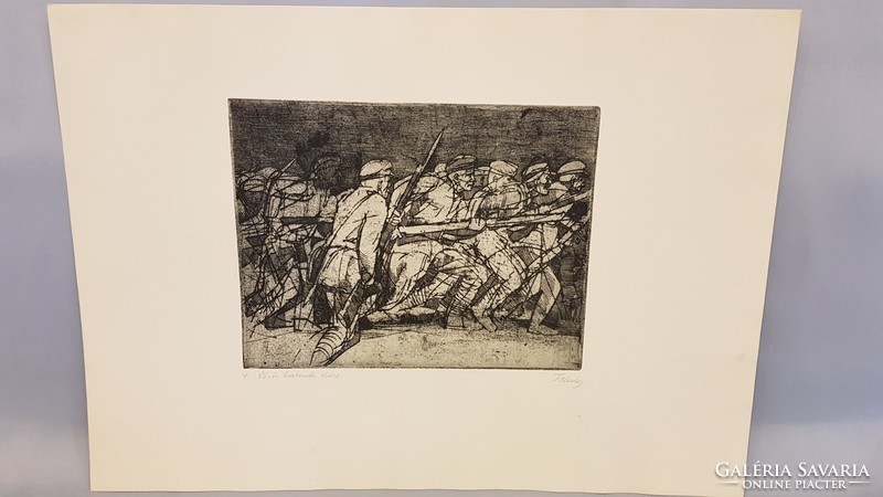 Gyula Feledy (1928-2010) historical etching, red soldiers ahead