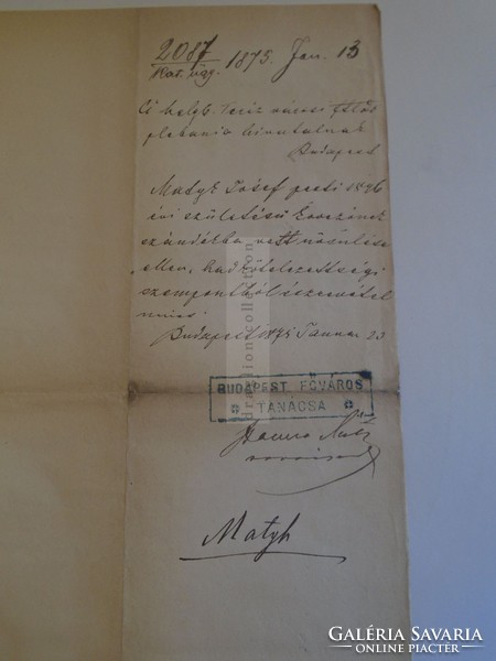 D172636 Régi irat  Klempa Simon aláírásával -Budapest Főváros Tanácsa bélyegzővel 1875