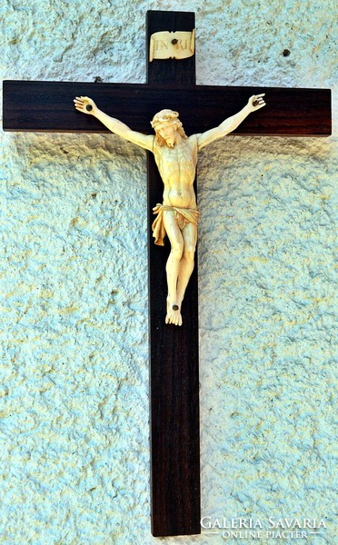 42. Antik, CSONT Jézus Krisztus (12 cm), 30 cm impozáns feszület, kereszt, korpusz