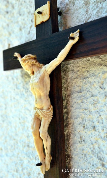 42. Antik, CSONT Jézus Krisztus (12 cm), 30 cm impozáns feszület, kereszt, korpusz