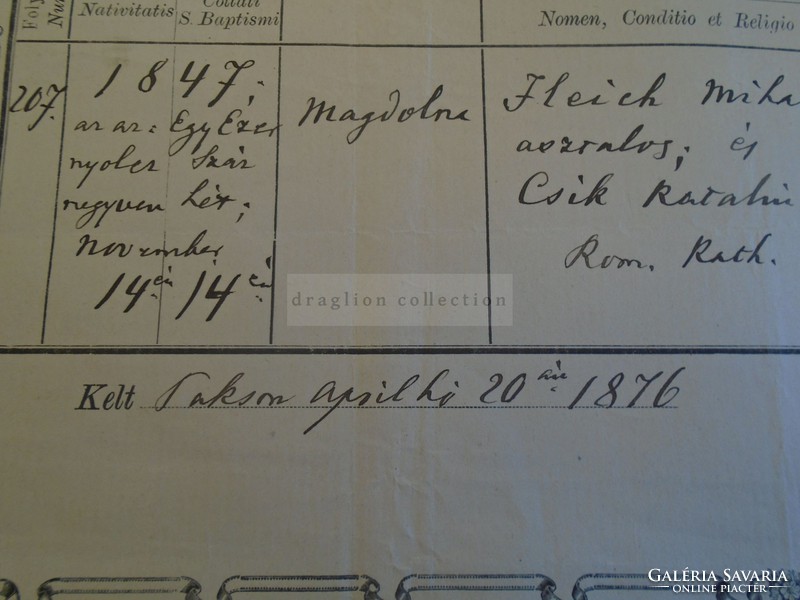 D172663 Régi irat  PAKS Fleich Magdolna (1847)  Stallenberger József esperes plébános 1876