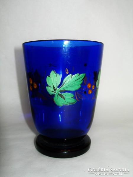 Antique painted cobalt blue glass with the words 