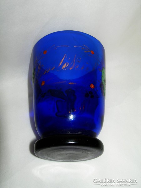 Antique painted cobalt blue glass with the words 