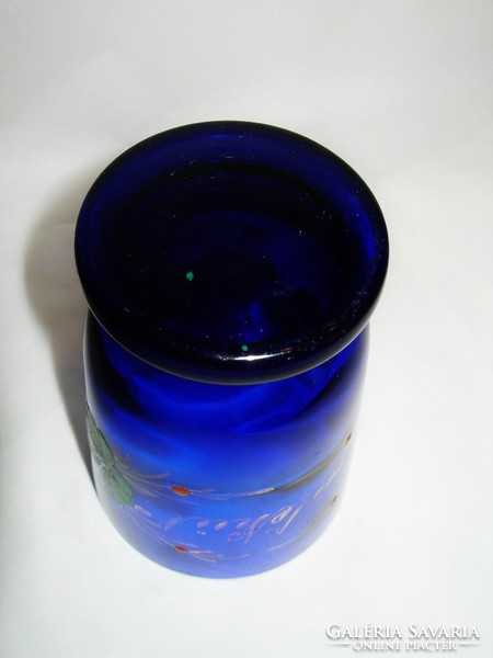 Antique painted cobalt blue glass with the words 