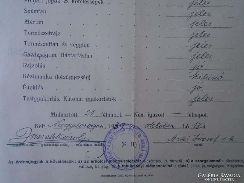 G028.55 Népiskolai bizonyítvány - Gölöncsér István NAGYDOROG  1939  igazgató Imreh Károly  