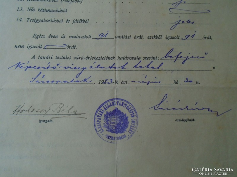 G028.50 Sárospatak  Népiskolai bizonyítvány 1923 Hodossy Béla igazgató aláírása