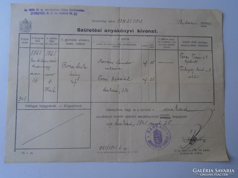 G028.59  Régi irat  Sarkad  1941  Kovács Róza Lenke 