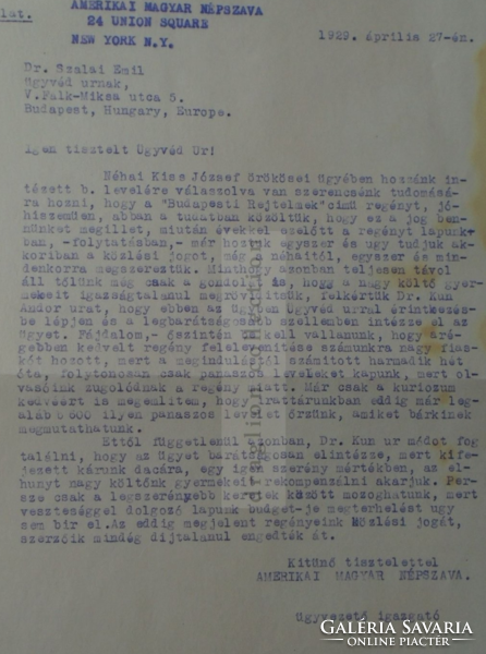 G028.68  Régi gépelt irat  Amerikai Magyar Népszava - Kiss József költő öröksége ügyében -1929