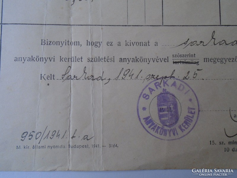 G028.59  Régi irat  Sarkad  1941  Kovács Róza Lenke 
