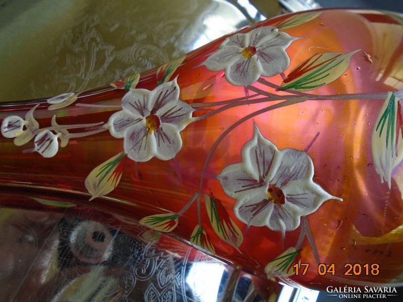 Bohemian Handmade Embossed Enamel Floral Iridescent Glass Stemware Set with Bottle