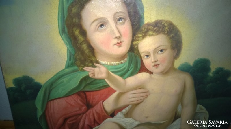 Antik,1800-as évek,Mária kis Jézussal egyházi témájú  festmény 63x80 cm