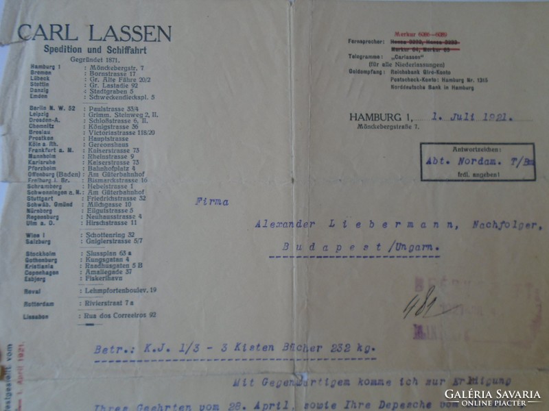 G029.9   Régi irat - Carl Lassen Hamburg - szállítmányozó -Amerika Magyar Népszava -könyvek 1921