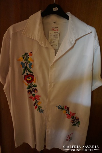 Kalocsai white L short-sleeved, hand-embroidered women's shirt blouse for sale.