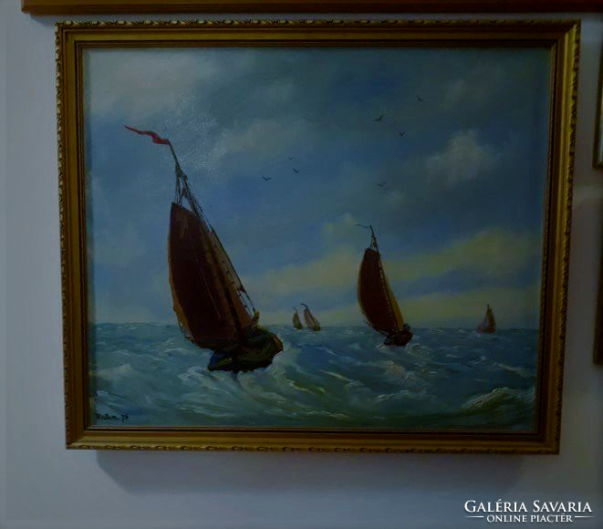 Sailboats oil from Dutch painter h.V.Dam, original, 54 x 64 cm, nice wooden frame, signed