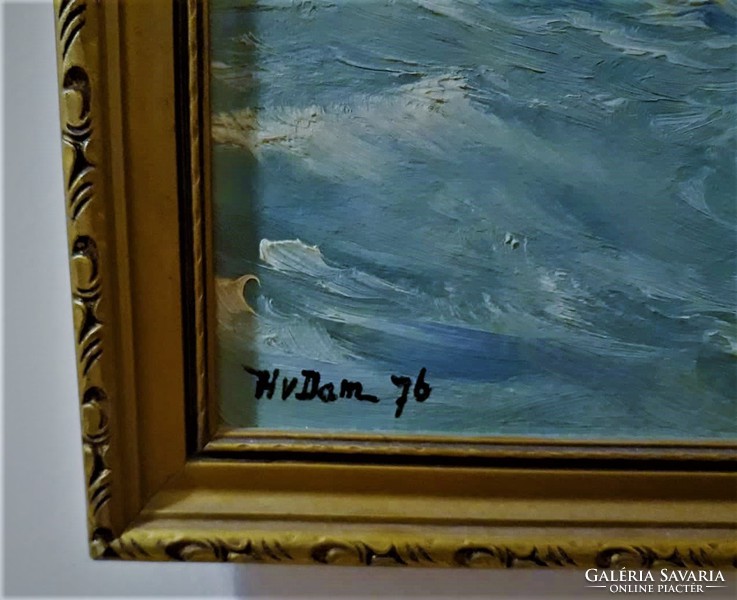 Sailboats oil from Dutch painter h.V.Dam, original, 54 x 64 cm, nice wooden frame, signed