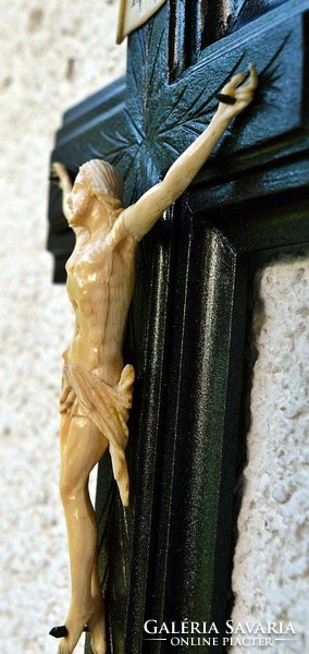 44. Antik, CSONT Jézus Krisztus 14 cm, 35, cm feszület, aprólékos, kereszt, korpusz