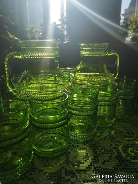 Emerald green, rustic glass pitcher with 6 glasses