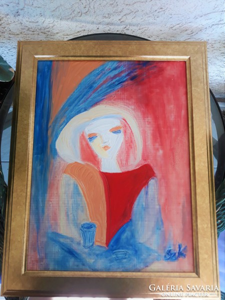 Kata Szabo: "next to a blue table" oil painting, 30x40 wood fiber, with a nice frame