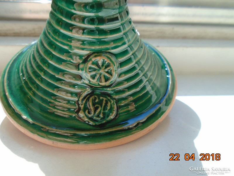 Embossed Hungarian monogrammed green glazed ceramic candle holder