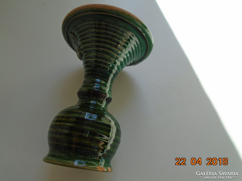 Embossed Hungarian monogrammed green glazed ceramic candle holder