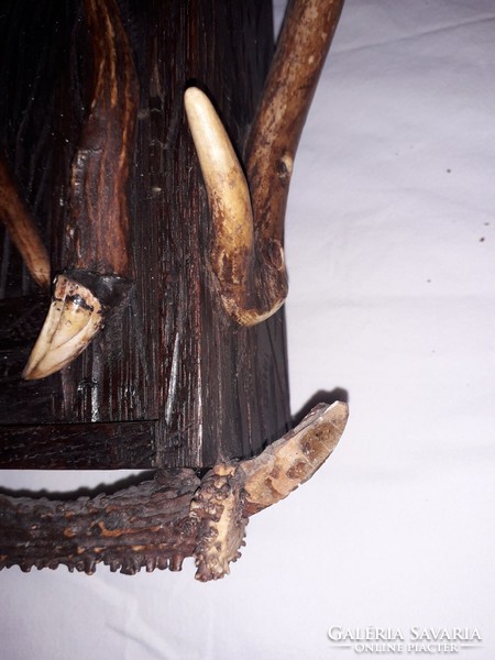 Antique - 1880 - Wooden Carved Hunter Wall Locker Decorated with Antlers and Wild Boar Fangs