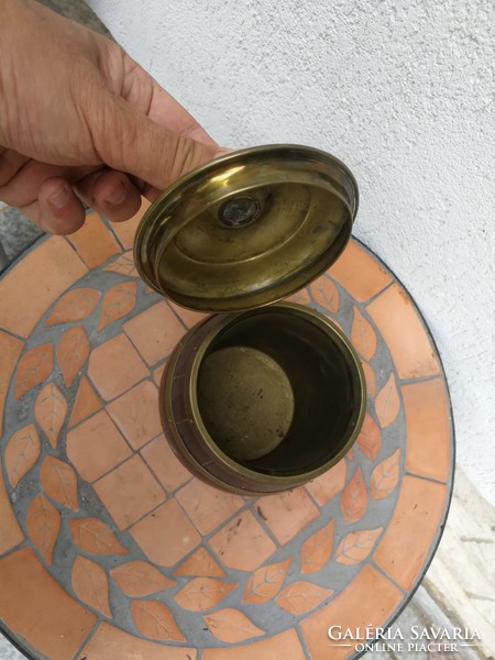 Antique tobacco box, barrel shape! Copper top, with leather sides! About 100 years old, but can still be used today!